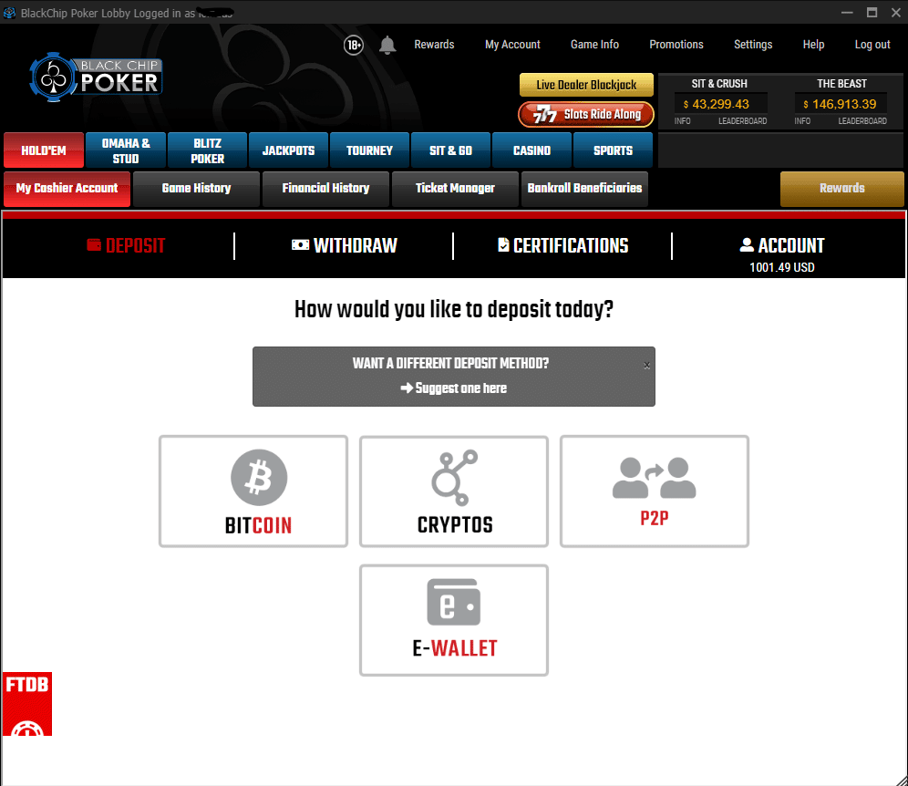 Black Chip Poker software lobby screenshot on desktop
