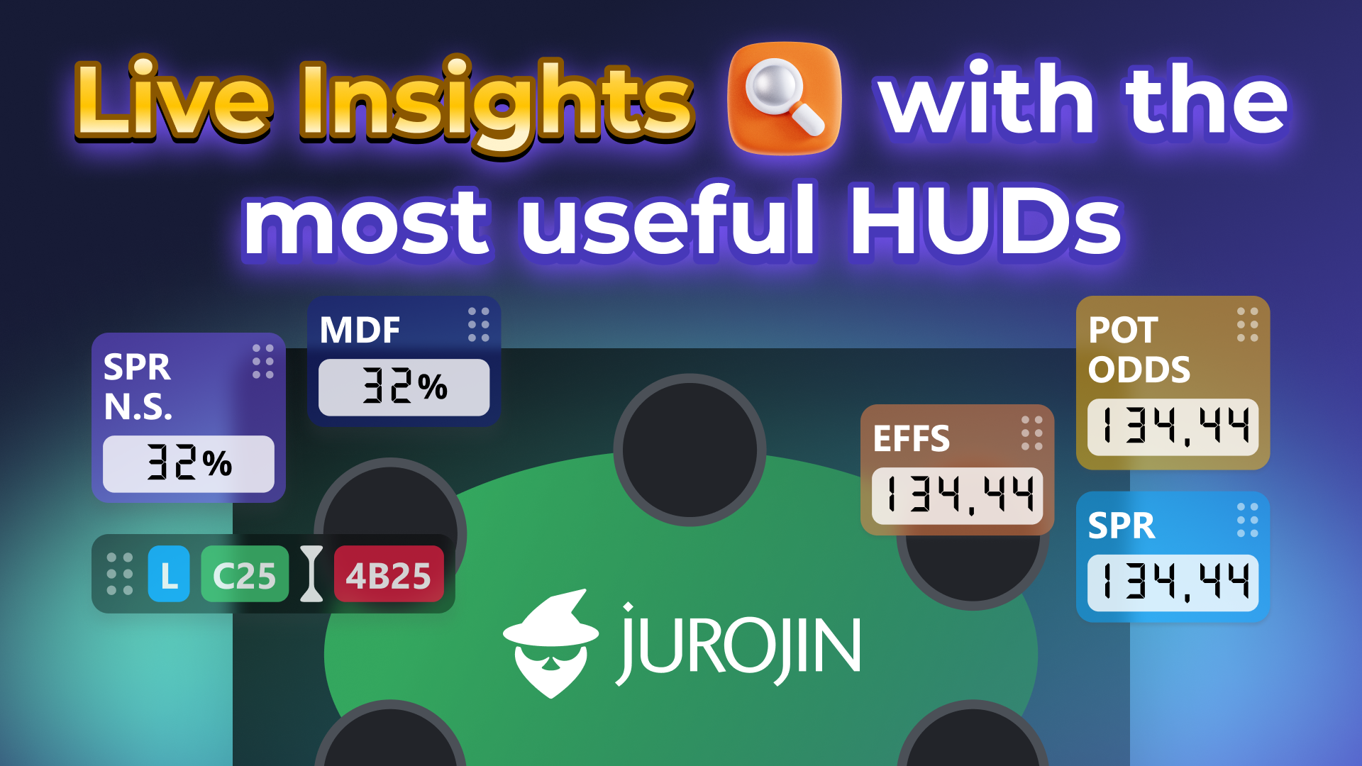 Jurojin promotional illustration showing poker HUD statistics and table information